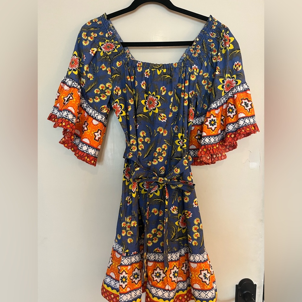 Joie Blue Floral Mini Dress with Orange Trim